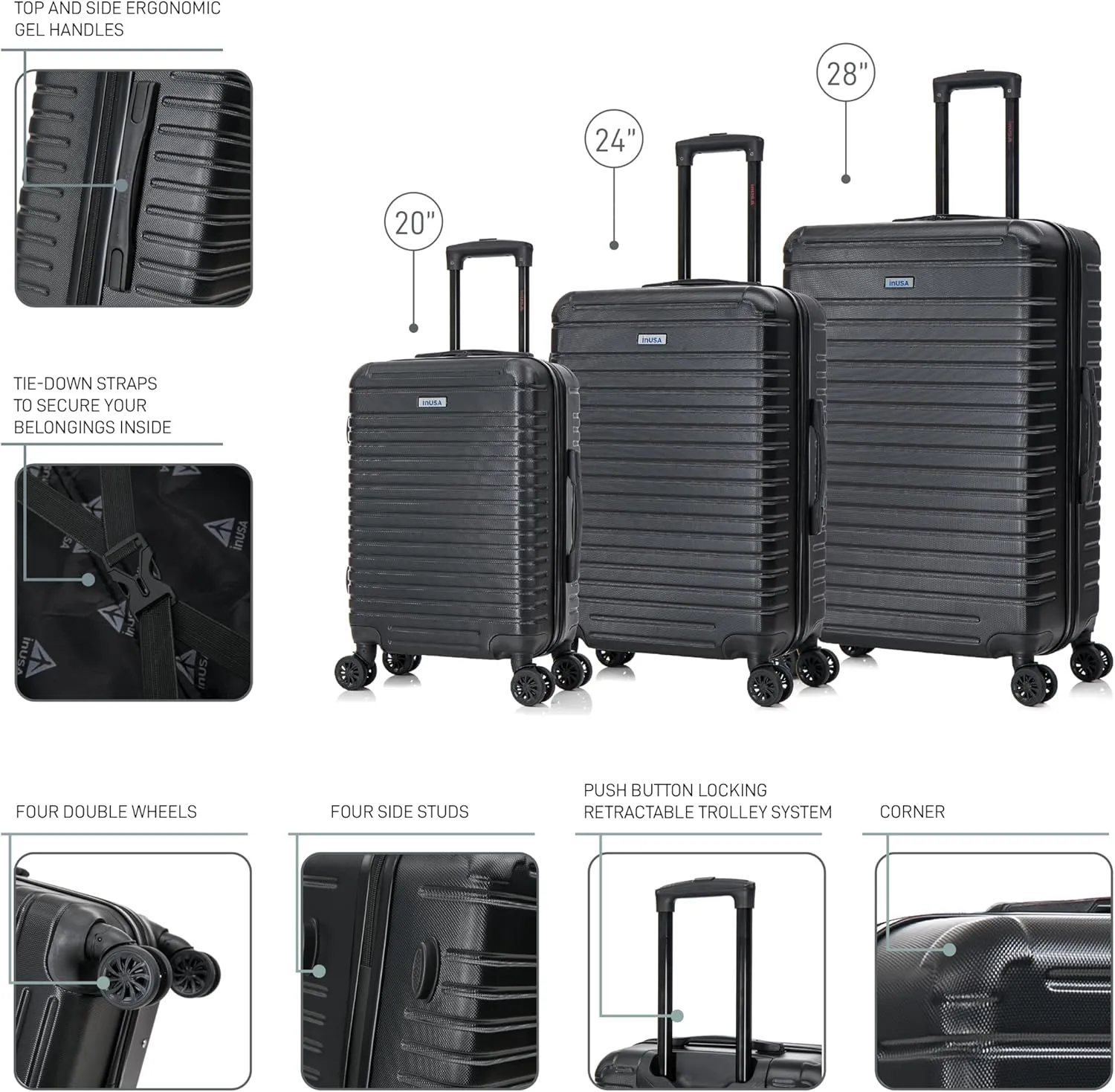 InUSA DEEP Luggage Set with Dual Spinner Wheels and Studs | Spacious Travel Suitcases with Ergonomic Handles | (20/24/28) 3 Piece Hardside Luggage Set | Black