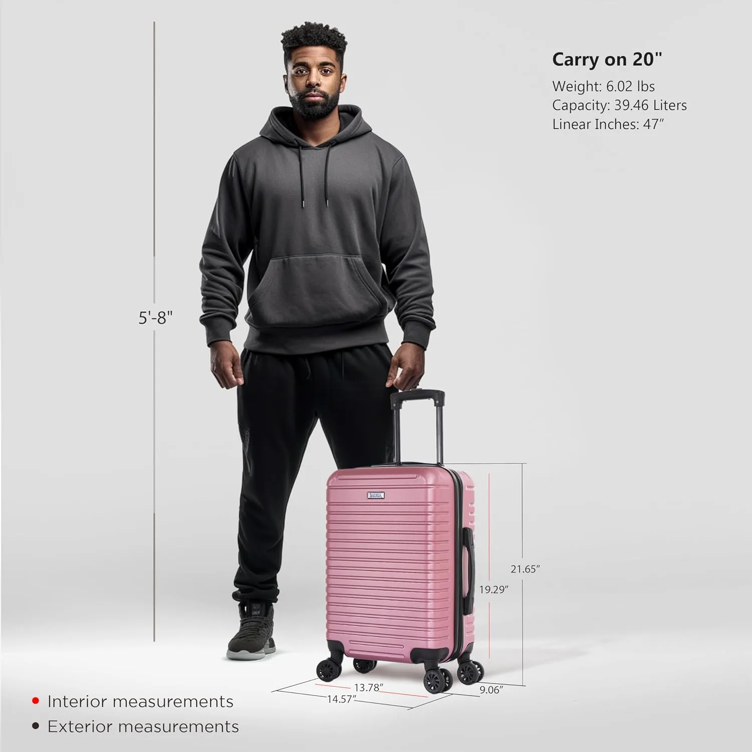 InUSA DEEP Luggage with GEL Handle | Spacious Traveling Suitcases, Travel Suitcase with Dual Spinner Wheels and Studs | 20 Inch Carry On Hardside Luggage | Rose Gold