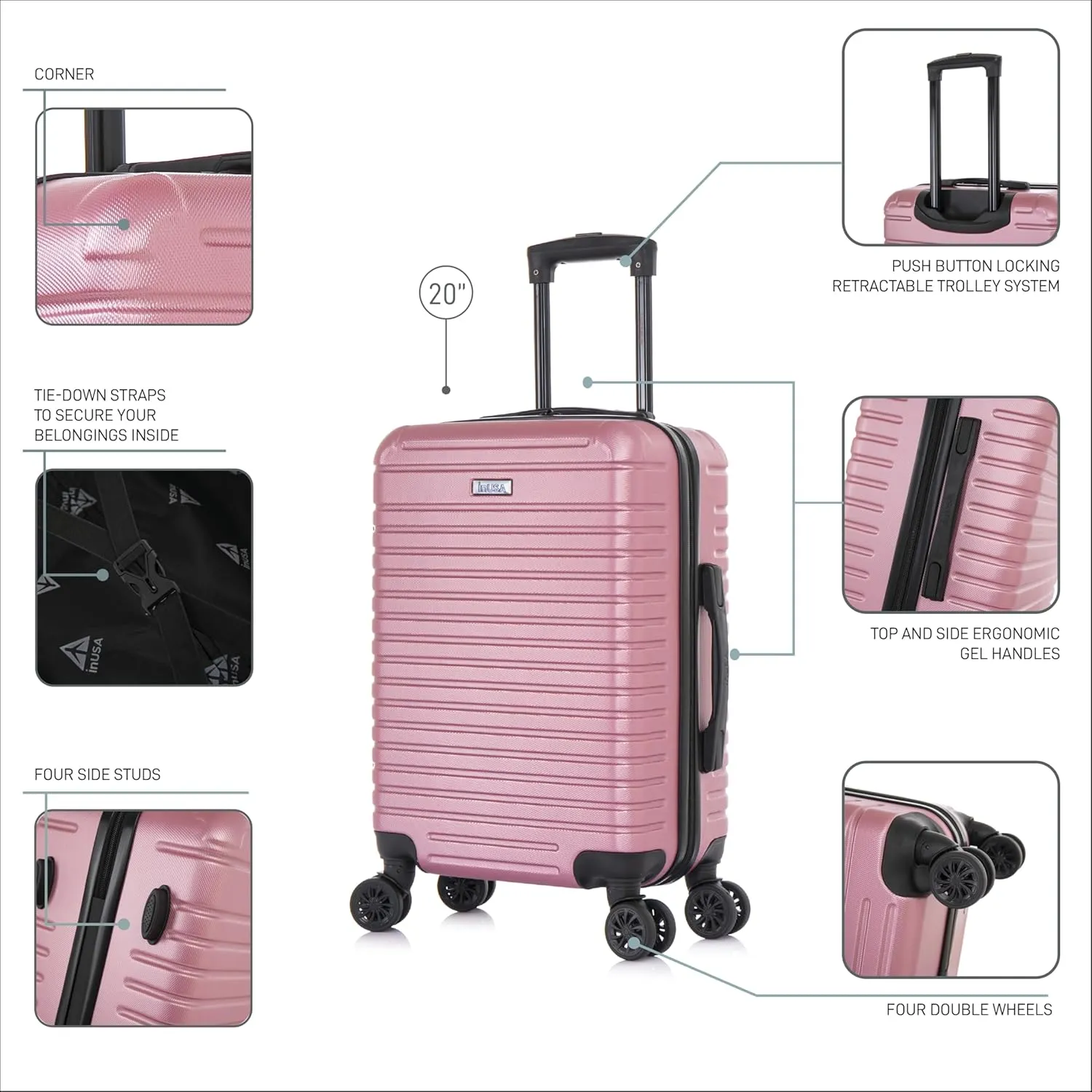 InUSA DEEP Luggage with GEL Handle | Spacious Traveling Suitcases, Travel Suitcase with Dual Spinner Wheels and Studs | 20 Inch Carry On Hardside Luggage | Rose Gold
