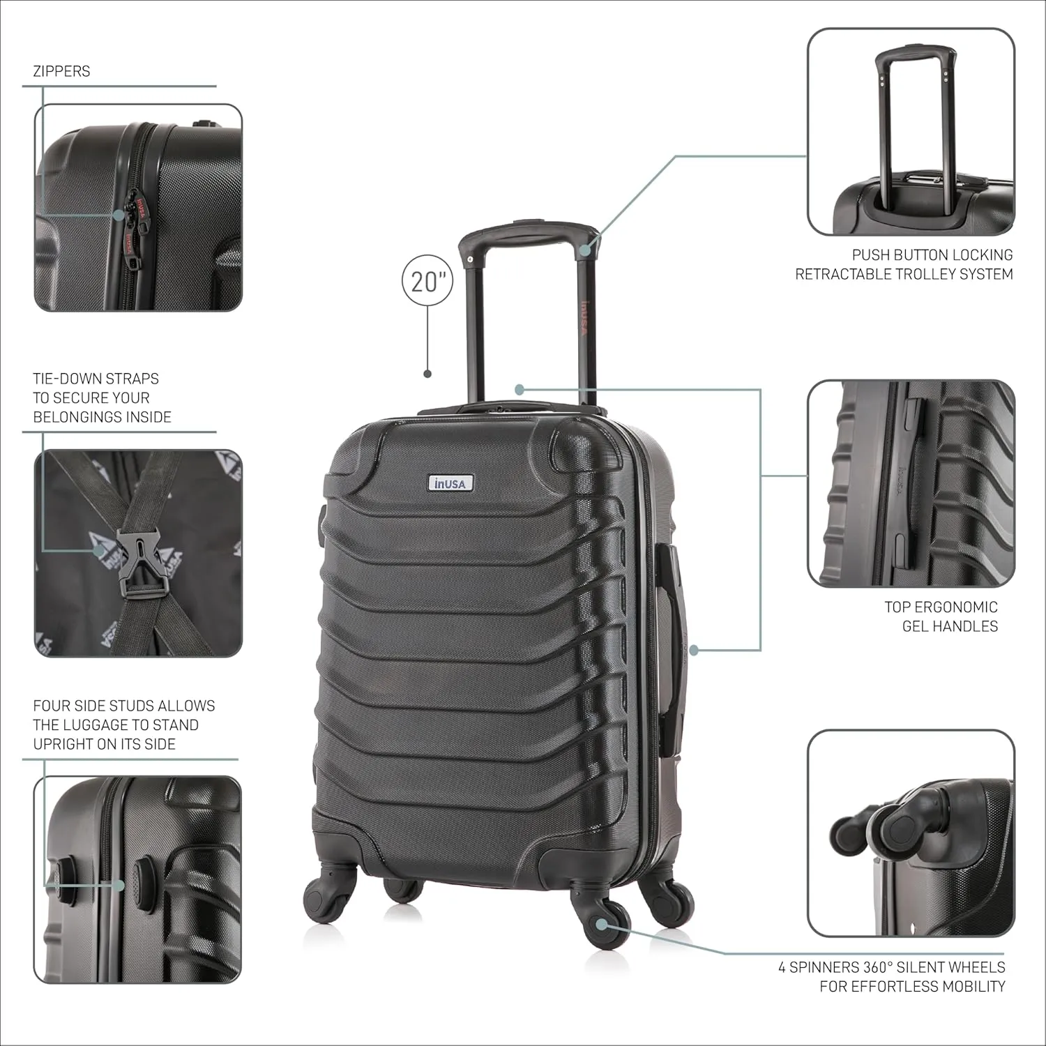 InUSA ENDURANCE Luggage with Spinner Wheels | Durable Lightweight Hardshell Suitcase, Spacious Travel Bag with Handle and Trolley | 20-Inch Carry On Small Luggage | Black