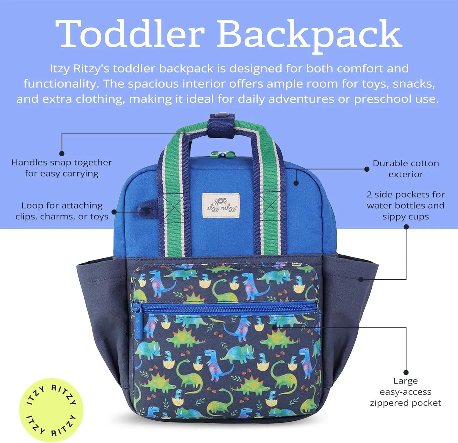 Itzy Ritzy Toddler Backpack - Daycare Bag - Features Adjustable Shoulder Straps, 2 Side Pockets & Spacious Interior with Wipeable Fabric Lining & Name Label, Dinosaur Backpack