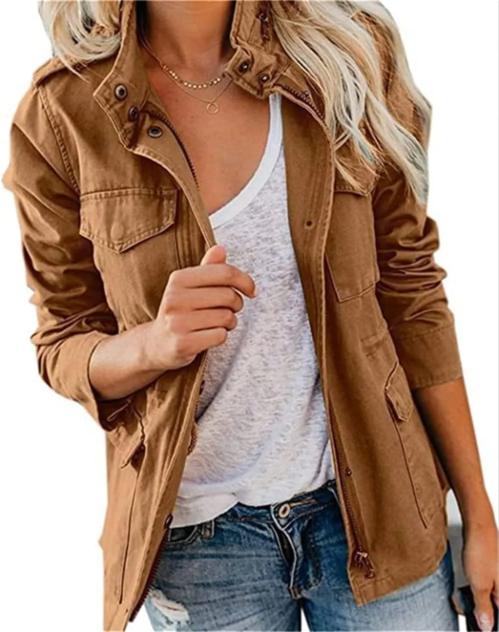 IVERIRMIN Women's Military Jacket Lightweight Zip Up Snap Buttons Utility Cargo Anorak with Pockets Safari Coat Outwear