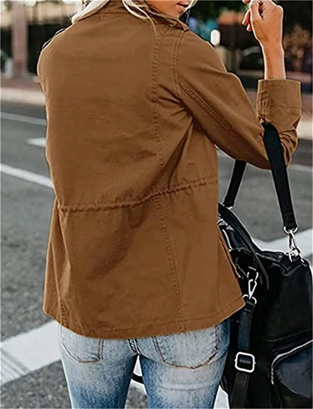 IVERIRMIN Women's Military Jacket Lightweight Zip Up Snap Buttons Utility Cargo Anorak with Pockets Safari Coat Outwear