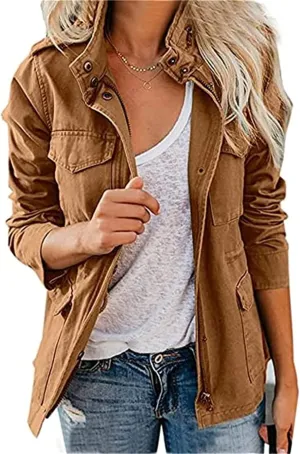 IVERIRMIN Women's Military Jacket Lightweight Zip Up Snap Buttons Utility Cargo Anorak with Pockets Safari Coat Outwear