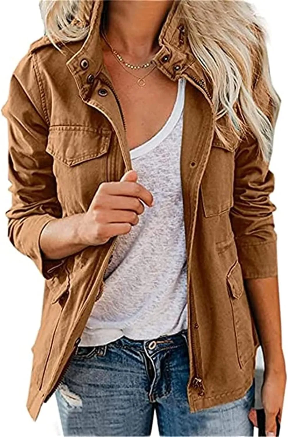 IVERIRMIN Women's Military Jacket Lightweight Zip Up Snap Buttons Utility Cargo Anorak with Pockets Safari Coat Outwear