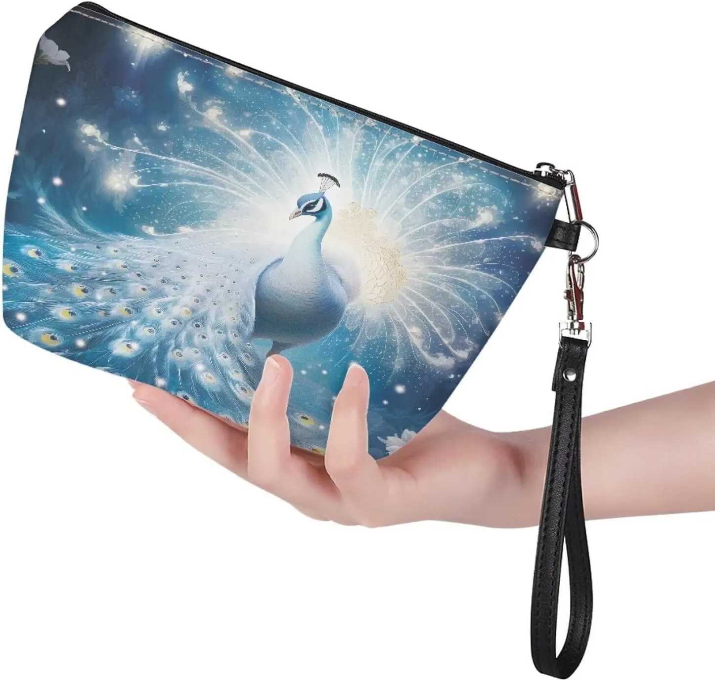 Jeiento Beauty Peacock Print Cosmetic Bag Travel Portable Make-up Case Small Toiletry Cosmetic Handy Bag for Women Zipper Closure Travel Pouch Storage Clutch Purse