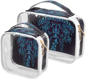 Jelly Fish Summer 2 Pieces Clear Makeup Cosmetic Bags for Traveling Vacation Organizing, Toiletry Bags for Women Men, PVC Waterproof Travel Organizer