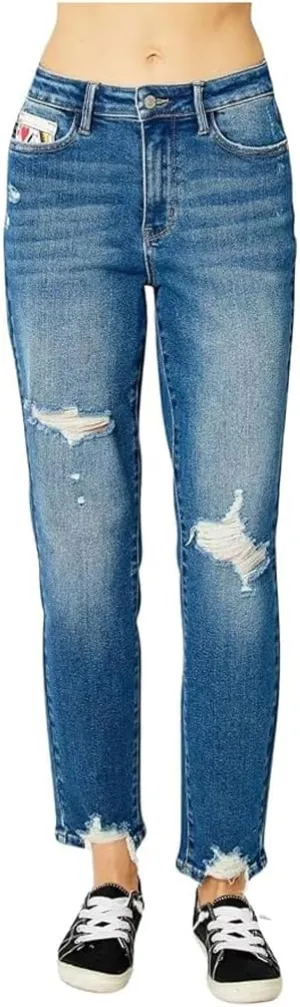 Judy Blue High Waist Queen of Hearts Coin Pocket Boyfriend Relaxed Fit Jeans