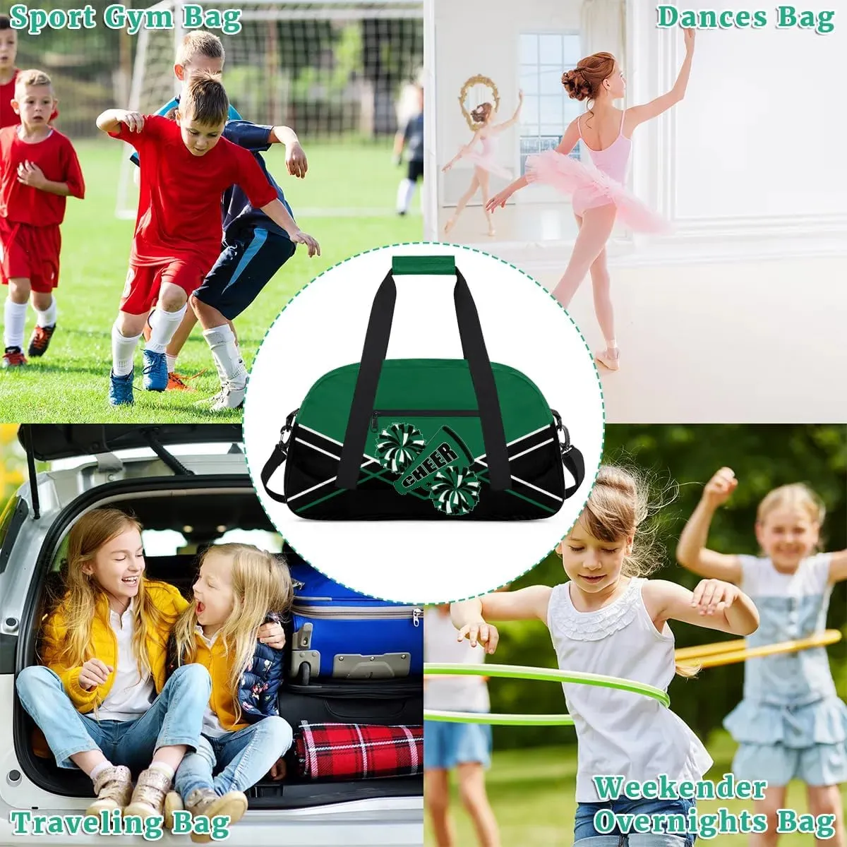Kid Cheer Duffel Bag Weekender Overnight Bag Travel Collapsible Sports Gym Bags for Girls Boys Gymnastics Sleepover Bag Waterproof Carry-on Bags Lightweight Work Out Bags Green Black White