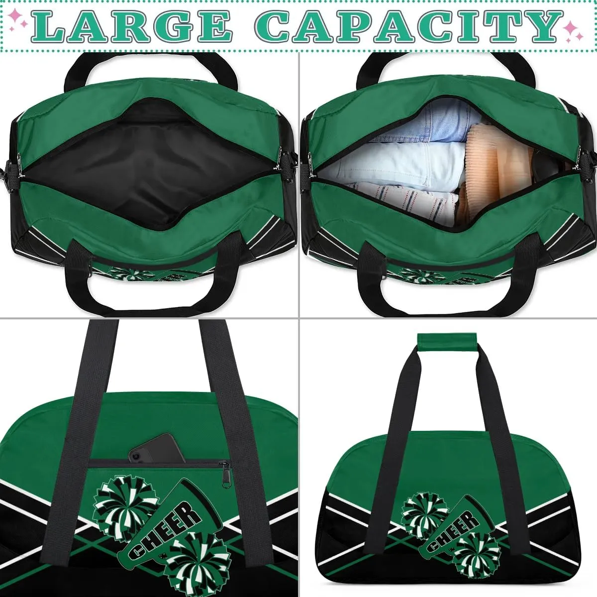 Kid Cheer Duffel Bag Weekender Overnight Bag Travel Collapsible Sports Gym Bags for Girls Boys Gymnastics Sleepover Bag Waterproof Carry-on Bags Lightweight Work Out Bags Green Black White