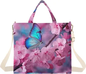 Kigai Butterfly Flower Pink Corduroy Tote Bag for Women Hobo Crossbody Bag Purse Stylish Shoulder Handbag Messenger Bags, S
