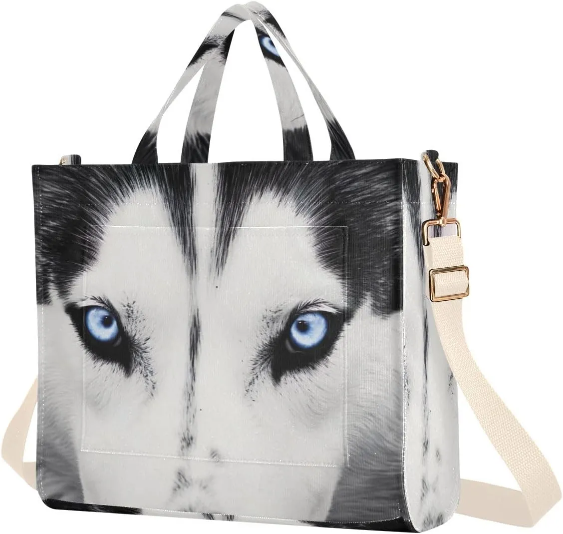 Kigai Husky Eyes Blue Corduroy Tote Bag for Women Hobo Crossbody Bag Purse Stylish Shoulder Handbag Messenger Bags, S