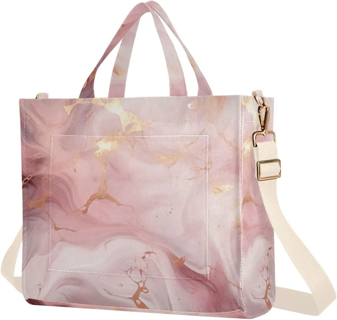 Kigai Pink Gold Marble Corduroy Tote Bag for Women Hobo Crossbody Bag Purse Stylish Shoulder Handbag Messenger Bags, S