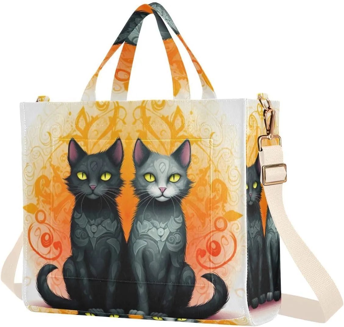Kigai Two Cats Black Grey Corduroy Tote Bag for Women Hobo Crossbody Bag Purse Stylish Shoulder Handbag Messenger Bags, S