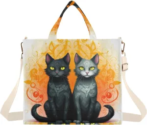 Kigai Two Cats Black Grey Corduroy Tote Bag for Women Hobo Crossbody Bag Purse Stylish Shoulder Handbag Messenger Bags, S