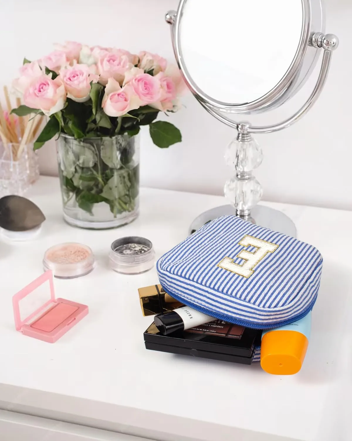 KOTORA Personalized Makeup Bag for Women - Monogram Cosmetic Bag Travel Make up Bag for Purse Birthday Gifts for Women Her Wedding Bridesmaid Friend Sister Teacher Wife Grandma (Blue, E)