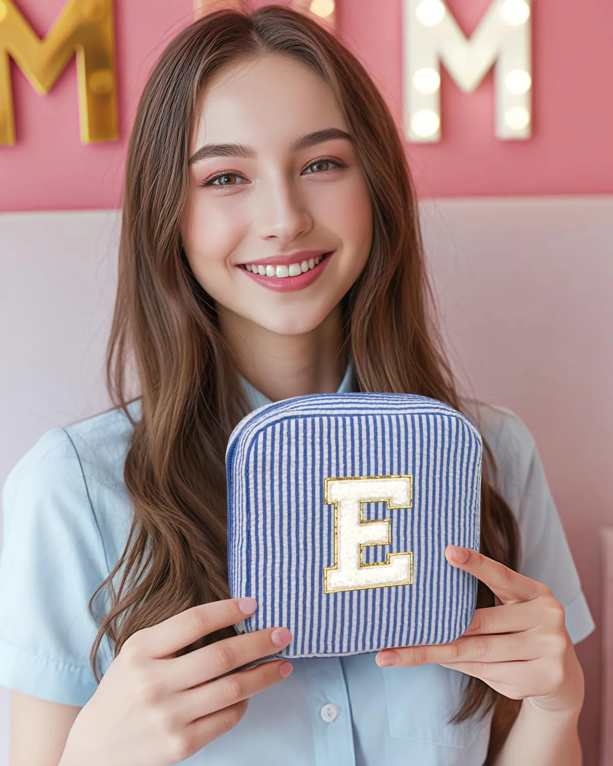 KOTORA Personalized Makeup Bag for Women - Monogram Cosmetic Bag Travel Make up Bag for Purse Birthday Gifts for Women Her Wedding Bridesmaid Friend Sister Teacher Wife Grandma (Blue, E)