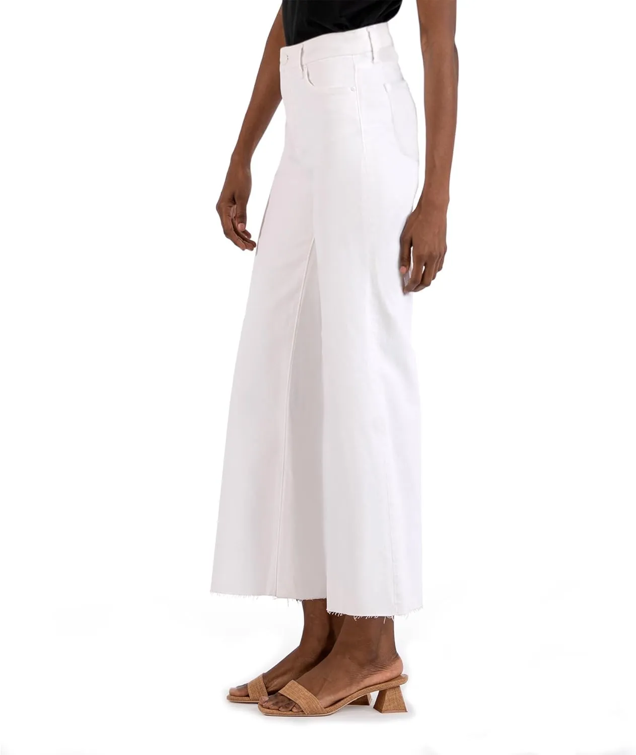 KUT from the Kloth Women's Petite Meg High-Rise Fab Ab Wide Leg Raw Hem in Optic White