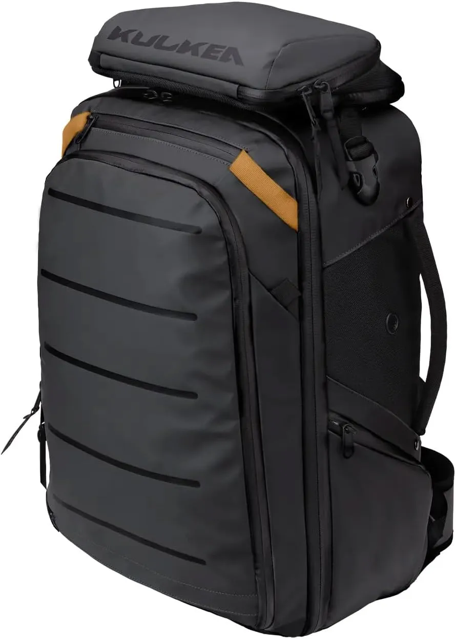 Kyd 40L Travel Backpack - Spacious Carry On Backpack with Detachable Travel Pouch, Magnetic Water Bottle Pocket, Passport and Laptop Pocket - Convertible Boot Bag for Snow Sports (Black/Gold)