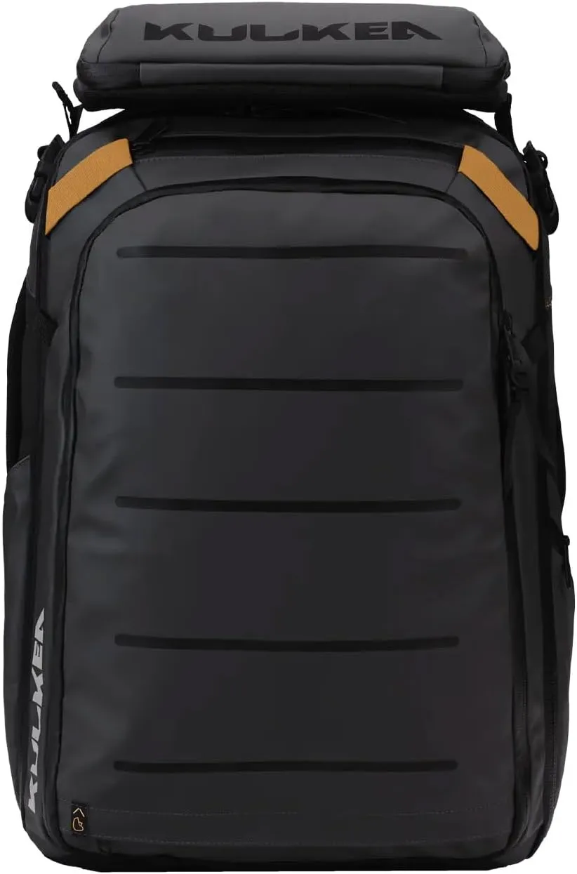 Kyd 40L Travel Backpack - Spacious Carry On Backpack with Detachable Travel Pouch, Magnetic Water Bottle Pocket, Passport and Laptop Pocket - Convertible Boot Bag for Snow Sports (Black/Gold)