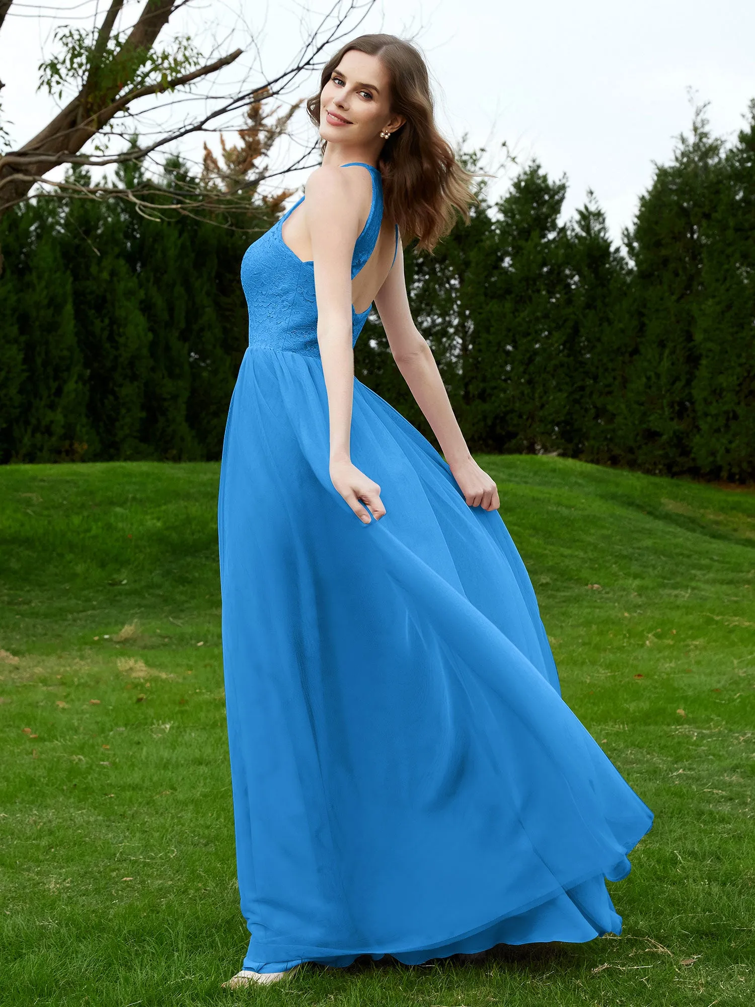 Lace Tulle Bridesmaid Gown Halter Neckline Ocean Blue