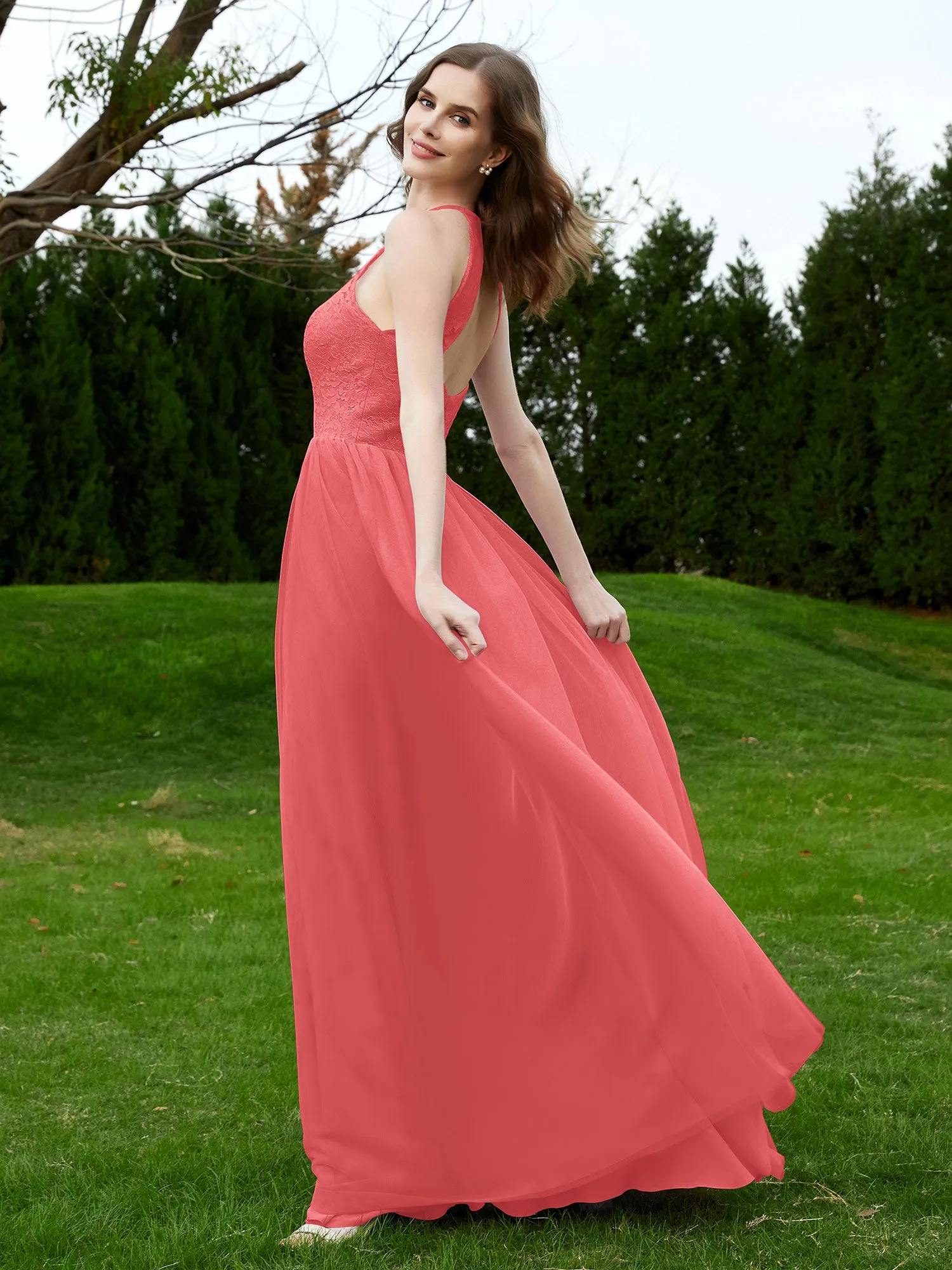 Lace Tulle Bridesmaid Gown Halter Neckline Watermelon