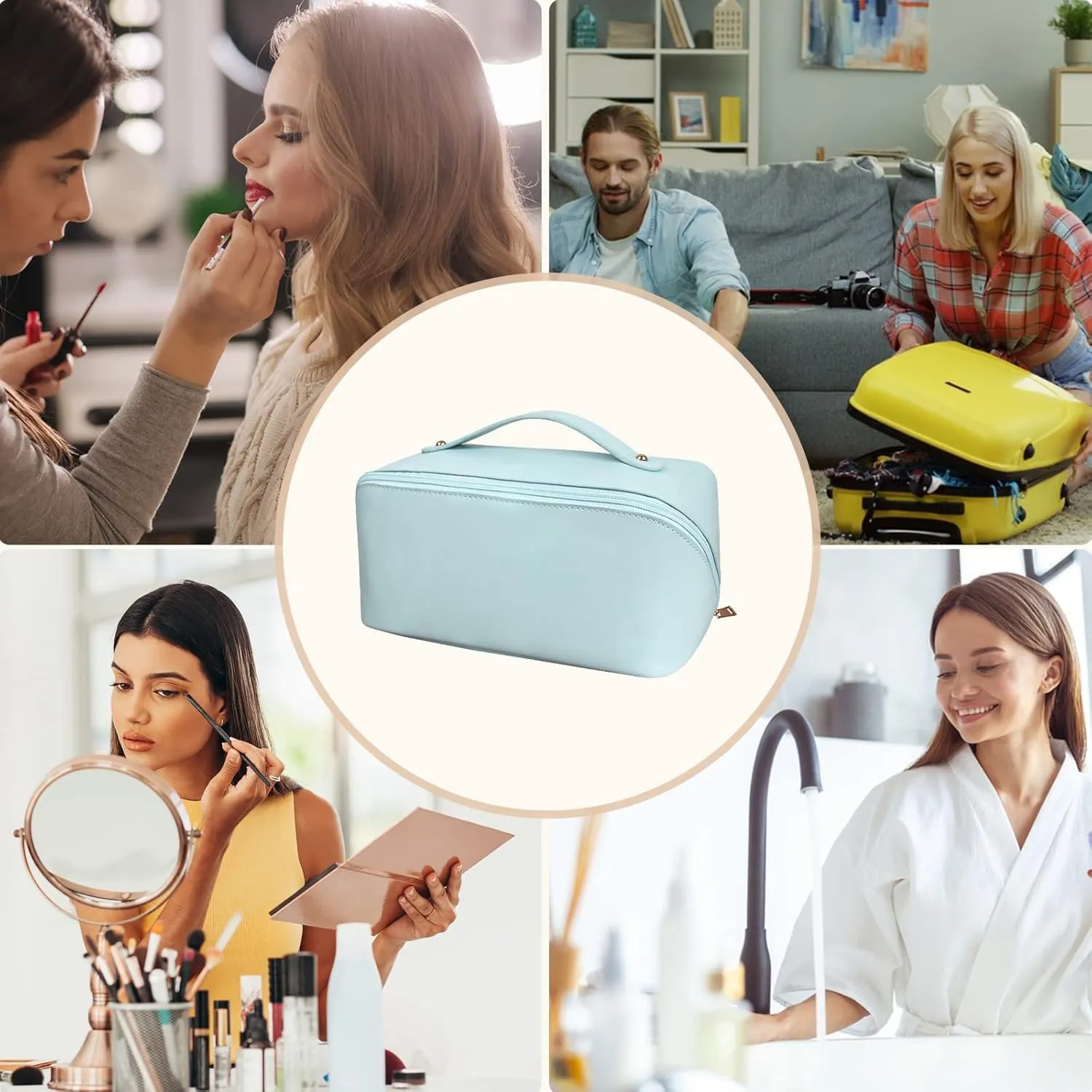 Large Capacity Travel Cosmetic Bag Make Up Bag with Handle and Zipper Multifunction Waterproof Toiletry Bag PU Travel Organiser Bag Wash Bag for Women Ladies Girls Blue
