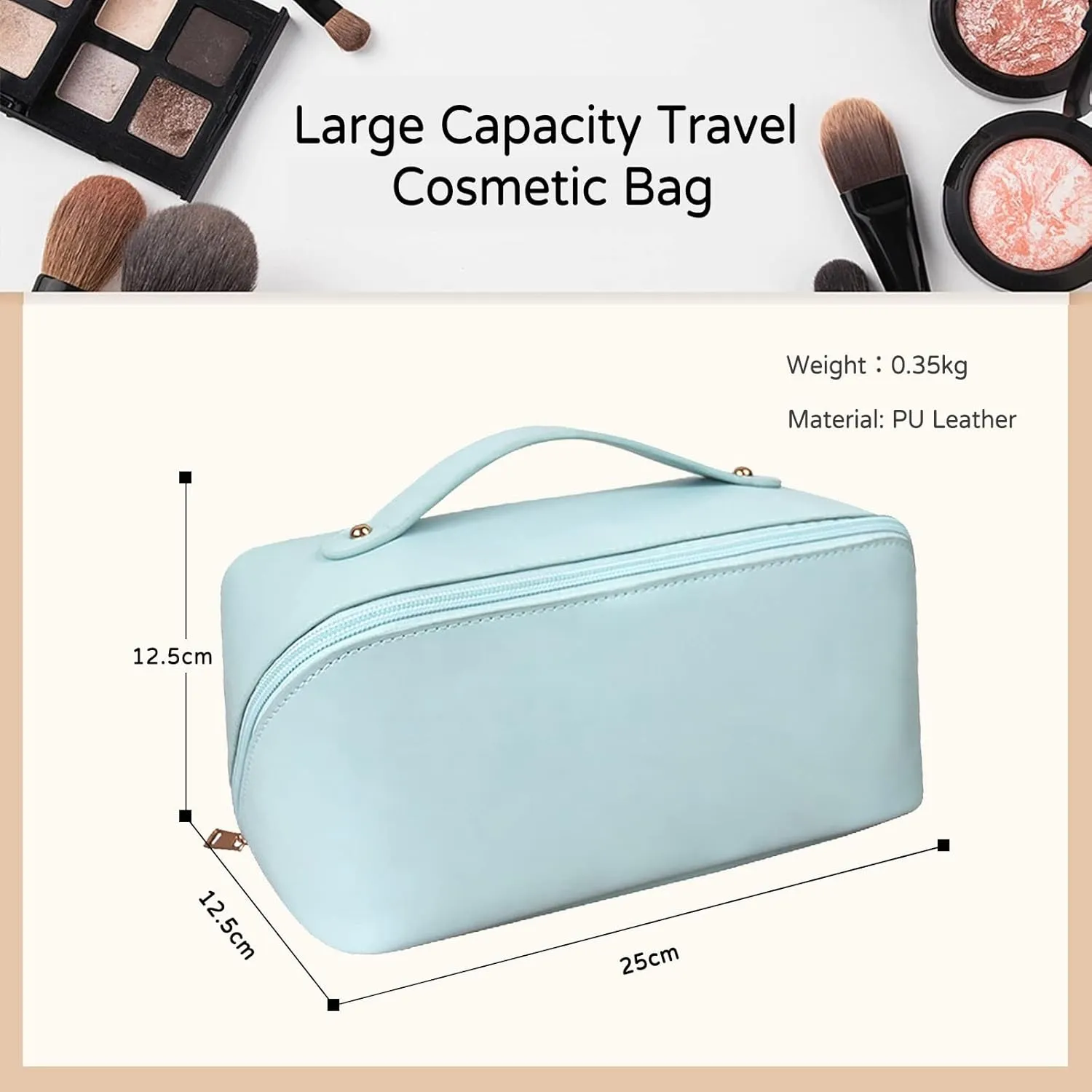 Large Capacity Travel Cosmetic Bag Make Up Bag with Handle and Zipper Multifunction Waterproof Toiletry Bag PU Travel Organiser Bag Wash Bag for Women Ladies Girls Blue