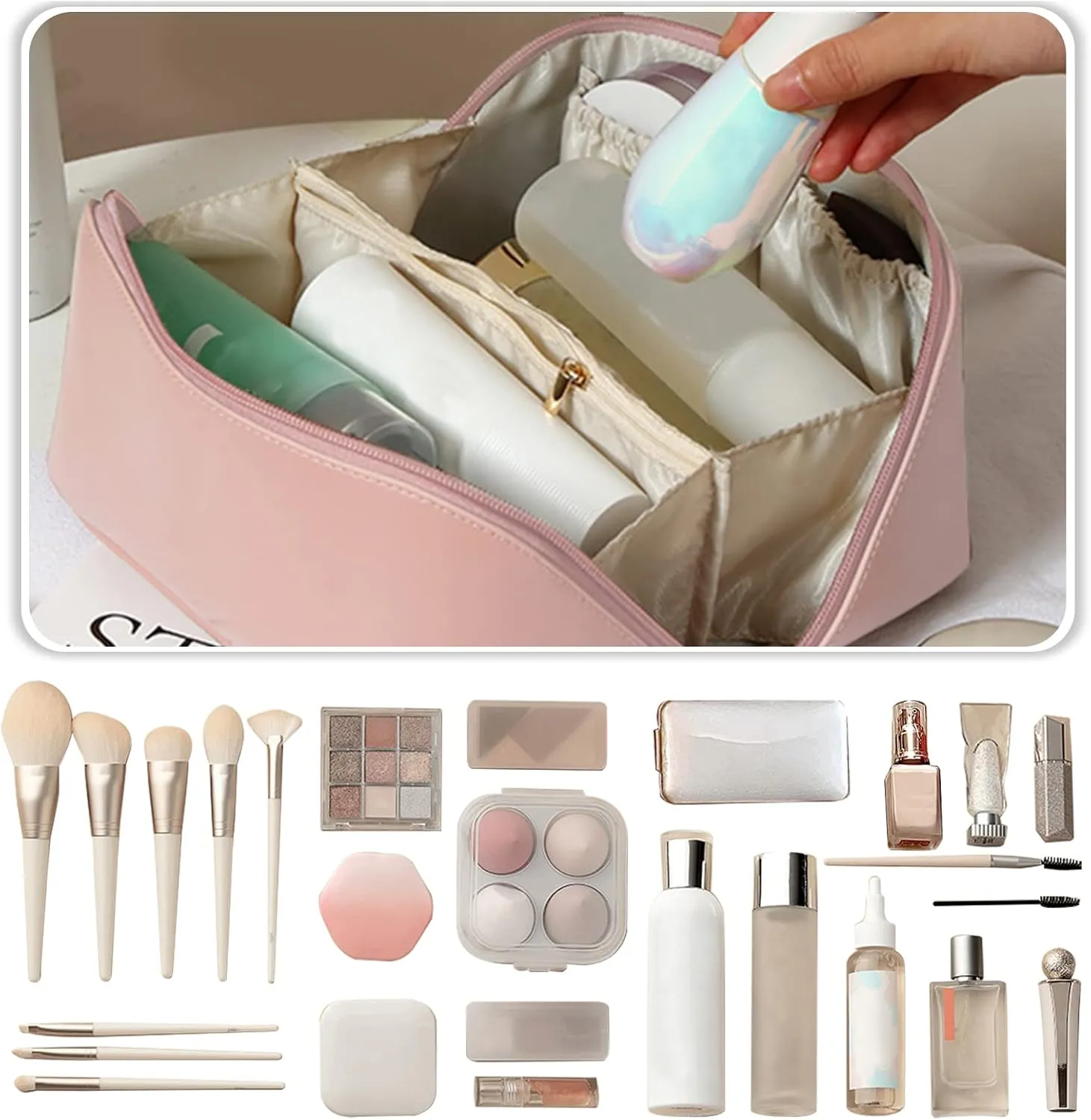 Large Capacity Travel Cosmetic Bag Make Up Bag with Handle and Zipper Multifunction Waterproof Toiletry Bag PU Travel Organiser Bag Wash Bag for Women Ladies Girls Champagne