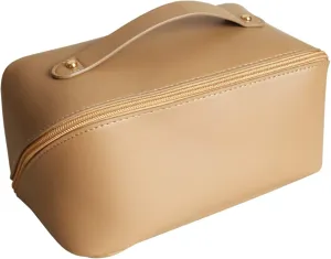 Large Capacity Travel Cosmetic Bag Make Up Bag with Handle and Zipper Multifunction Waterproof Toiletry Bag PU Travel Organiser Bag Wash Bag for Women Ladies Girls Champagne