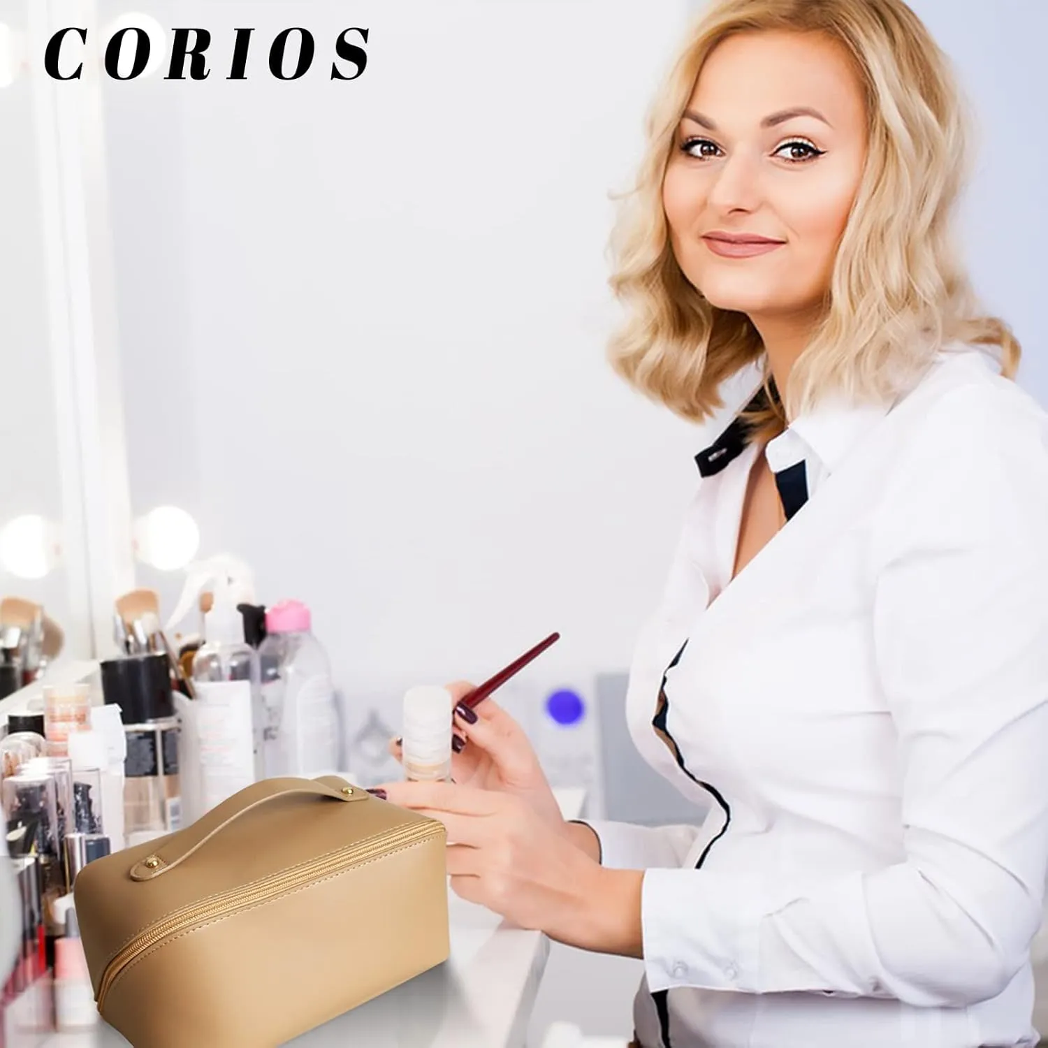Large Capacity Travel Cosmetic Bag Make Up Bag with Handle and Zipper Multifunction Waterproof Toiletry Bag PU Travel Organiser Bag Wash Bag for Women Ladies Girls Champagne