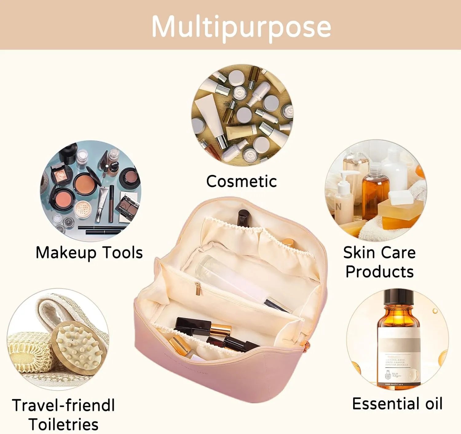 Large Capacity Travel Cosmetic Bag Make Up Bag with Handle and Zipper Multifunction Waterproof Toiletry Bag PU Travel Organiser Bag Wash Bag for Women Ladies Girls Champagne