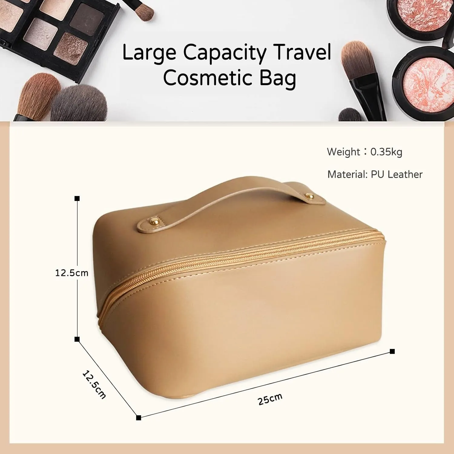 Large Capacity Travel Cosmetic Bag Make Up Bag with Handle and Zipper Multifunction Waterproof Toiletry Bag PU Travel Organiser Bag Wash Bag for Women Ladies Girls Champagne