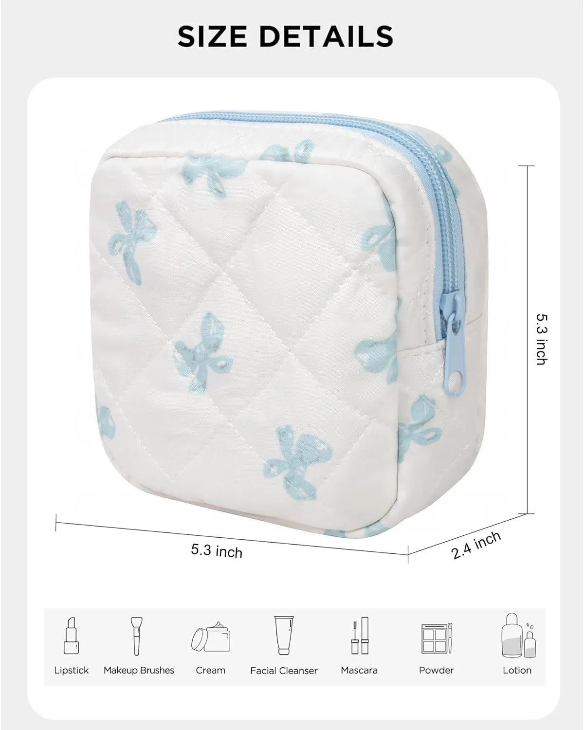 LETGO Cotton Quilted Makeup Bag, Cute Pouch Toiletry Bag Checkered Cosmetic Bag Quilted Floral Organizer Travel Coquette Aesthetic Portable Storage Zipper Purse for Women (Blue Butterfly)