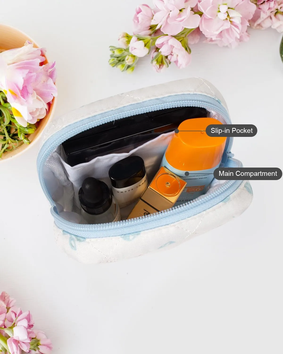 LETGO Cotton Quilted Makeup Bag, Cute Pouch Toiletry Bag Checkered Cosmetic Bag Quilted Floral Organizer Travel Coquette Aesthetic Portable Storage Zipper Purse for Women (Blue Butterfly)