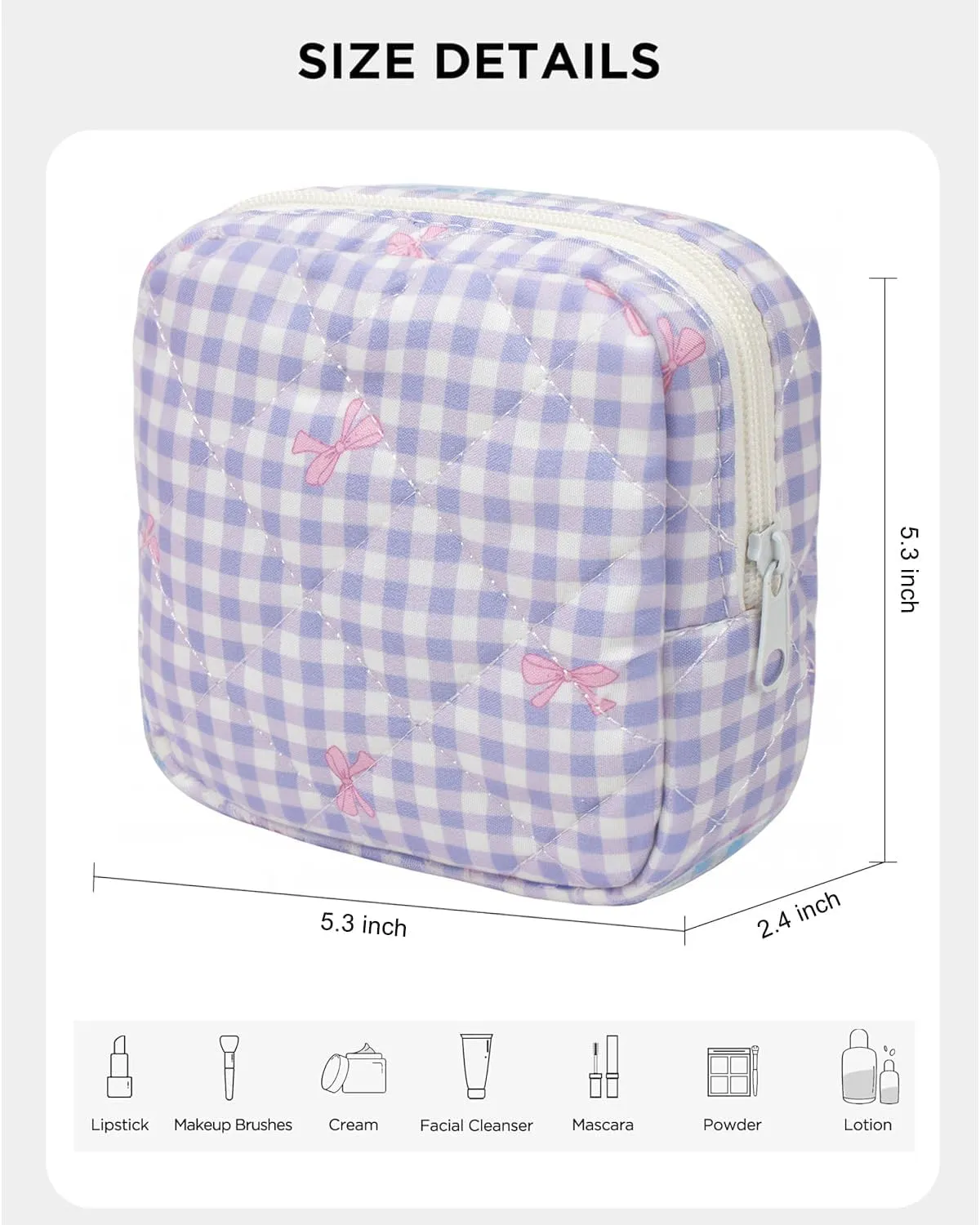 LETGO Cotton Quilted Makeup Bag, Cute Pouch Toiletry Bag Checkered Cosmetic Bag Quilted Floral Organizer Travel Coquette Aesthetic Portable Storage Zipper Purse for Women (Purple Checkered)