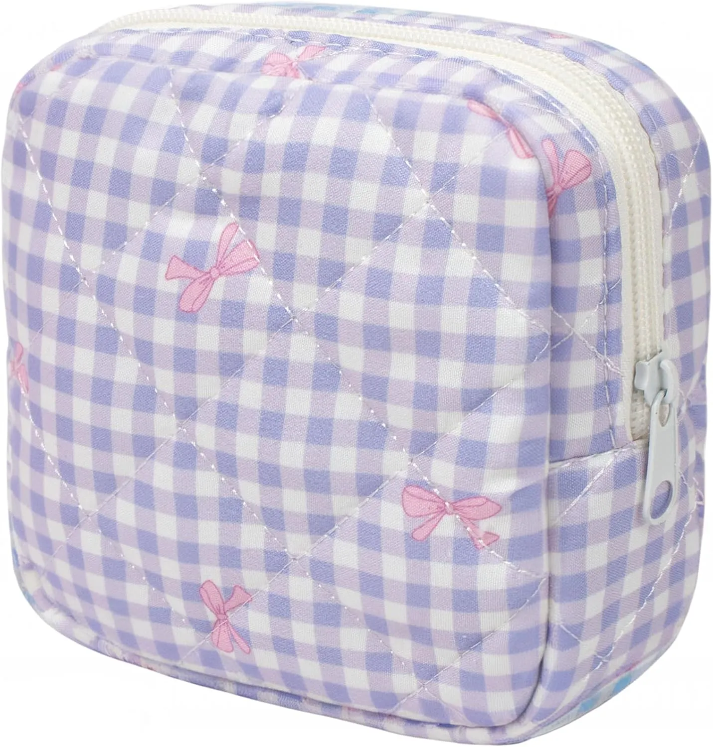 LETGO Cotton Quilted Makeup Bag, Cute Pouch Toiletry Bag Checkered Cosmetic Bag Quilted Floral Organizer Travel Coquette Aesthetic Portable Storage Zipper Purse for Women (Purple Checkered)
