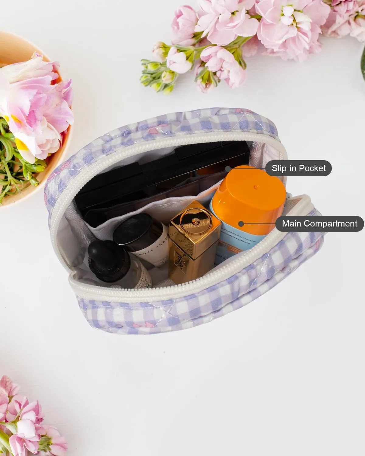 LETGO Cotton Quilted Makeup Bag, Cute Pouch Toiletry Bag Checkered Cosmetic Bag Quilted Floral Organizer Travel Coquette Aesthetic Portable Storage Zipper Purse for Women (Purple Checkered)