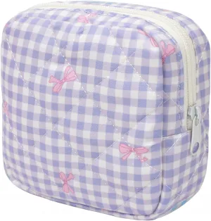 LETGO Cotton Quilted Makeup Bag, Cute Pouch Toiletry Bag Checkered Cosmetic Bag Quilted Floral Organizer Travel Coquette Aesthetic Portable Storage Zipper Purse for Women (Purple Checkered)
