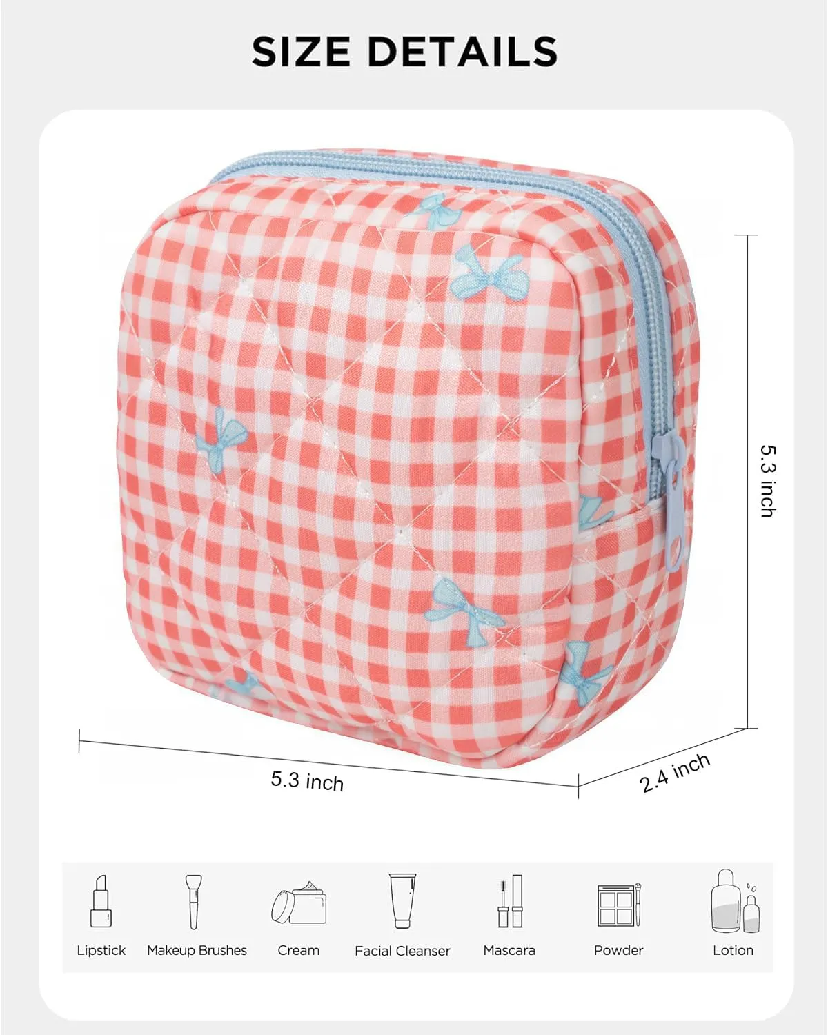 LETGO Cotton Quilted Makeup Bag, Cute Pouch Toiletry Bag Checkered Cosmetic Bag Quilted Floral Organizer Travel Coquette Aesthetic Portable Storage Zipper Purse for Women (Red Checkered)