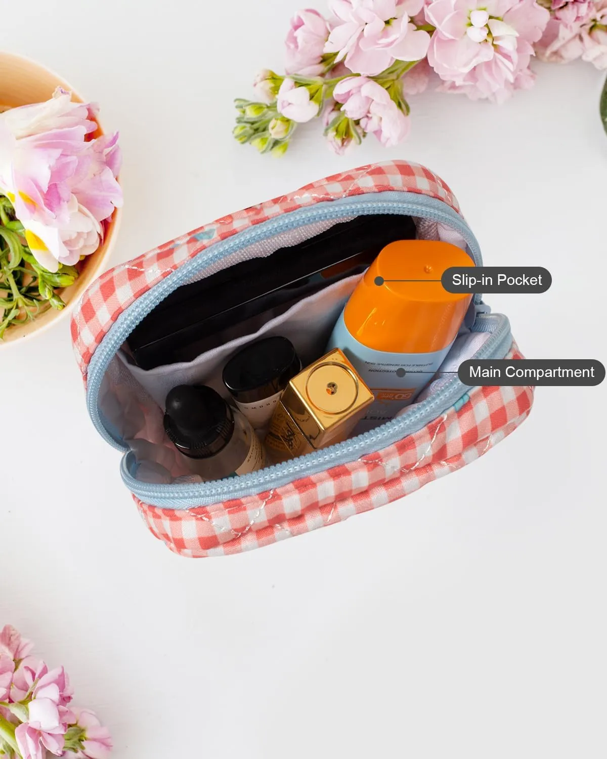 LETGO Cotton Quilted Makeup Bag, Cute Pouch Toiletry Bag Checkered Cosmetic Bag Quilted Floral Organizer Travel Coquette Aesthetic Portable Storage Zipper Purse for Women (Red Checkered)