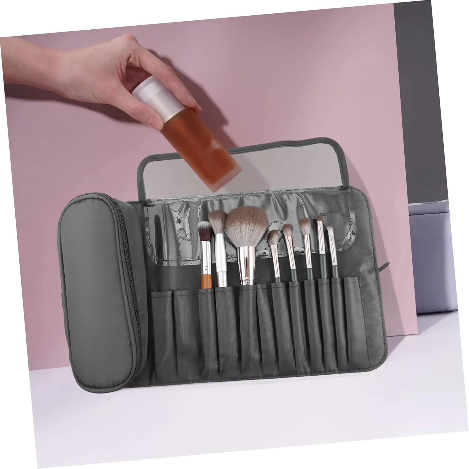 Makeup Brush Bag Make up Bags for Women Traveling Travel Organizer Bags Makeup Brushes Bag Fold Miss, Grey, 23x10cm