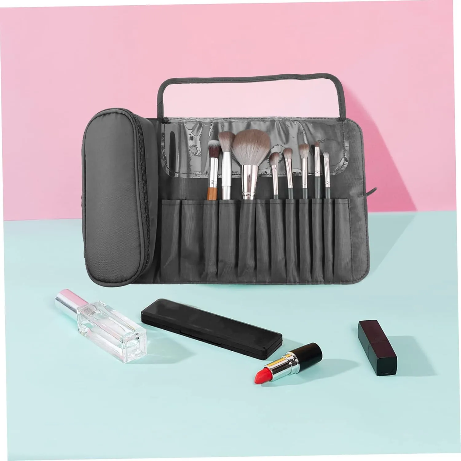 Makeup Brush Bag Make up Bags for Women Traveling Travel Organizer Bags Makeup Brushes Bag Fold Miss, Grey, 23x10cm