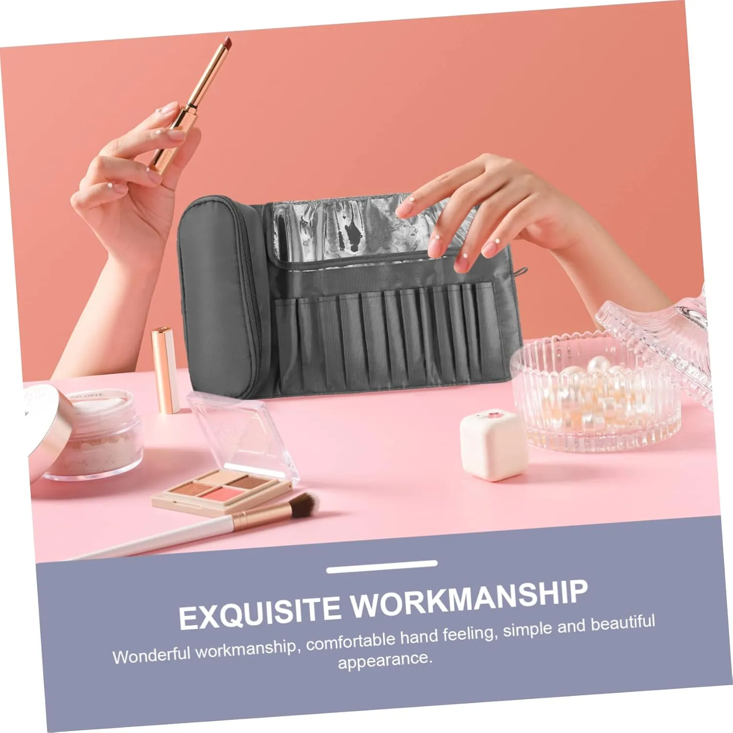 Makeup Brush Bag Make up Bags for Women Traveling Travel Organizer Bags Makeup Brushes Bag Fold Miss, Grey, 23x10cm