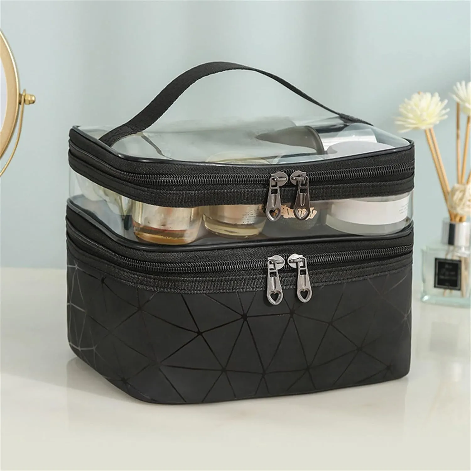 Makeup Travel Case Leopard Makeup Bags Double Layer Travel Cosmetic Cases Make Up Organizer Toiletry Bags Double Layer