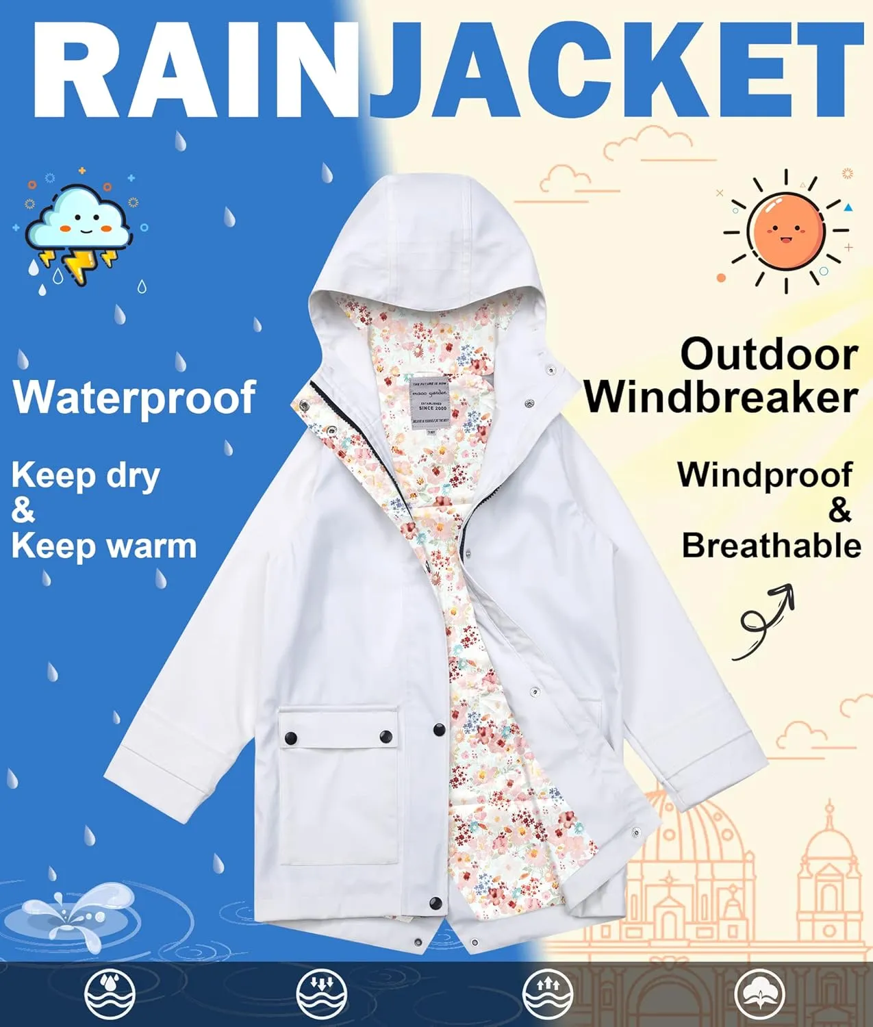 maoo garden Girls Boys Rain Jacket Lightweight Waterproof Raincoat Hooded Lined Long Windbreaker