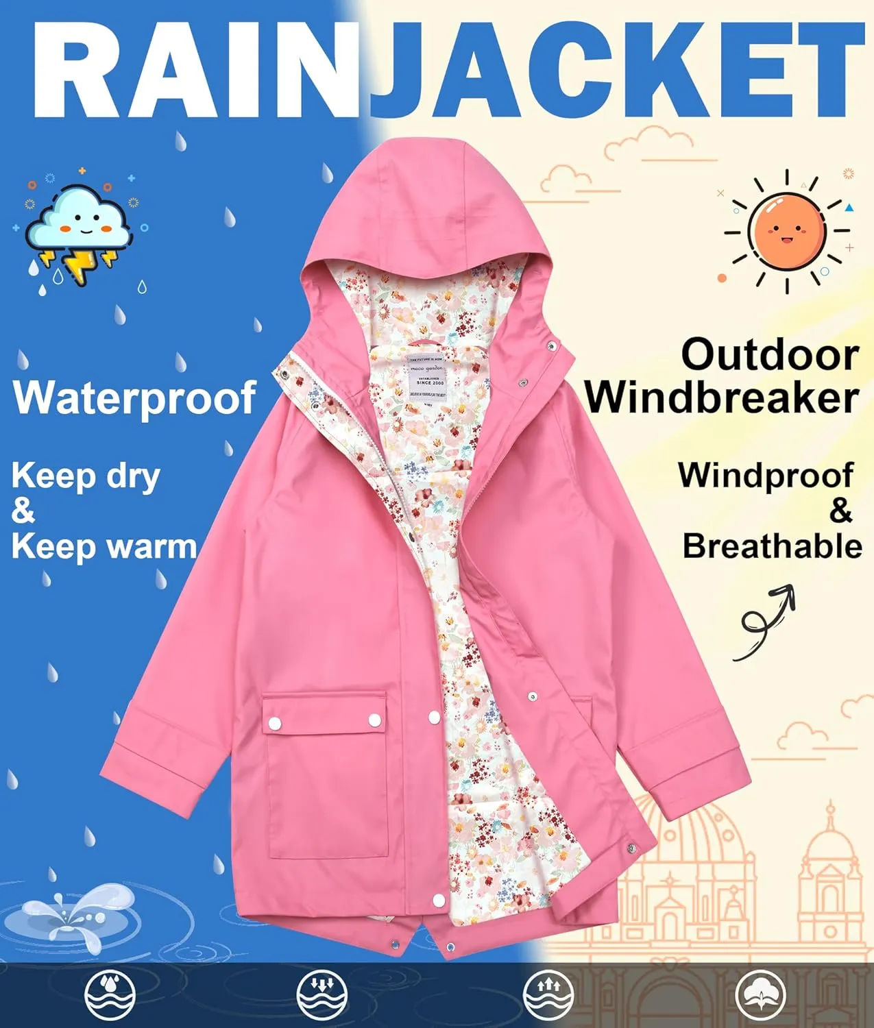 maoo garden Girls Boys Rain Jacket Lightweight Waterproof Raincoat Hooded Lined Long Windbreaker