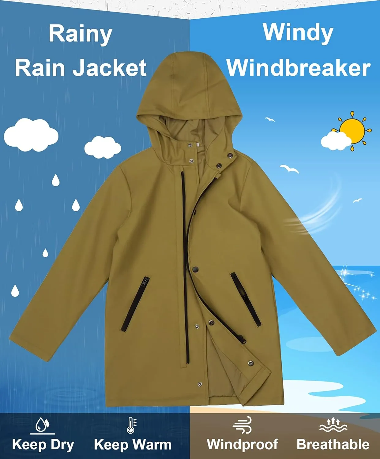maoo garden Girls Boys Rain Jacket Lightweight Waterproof Raincoat Hooded Lined Long Windbreaker