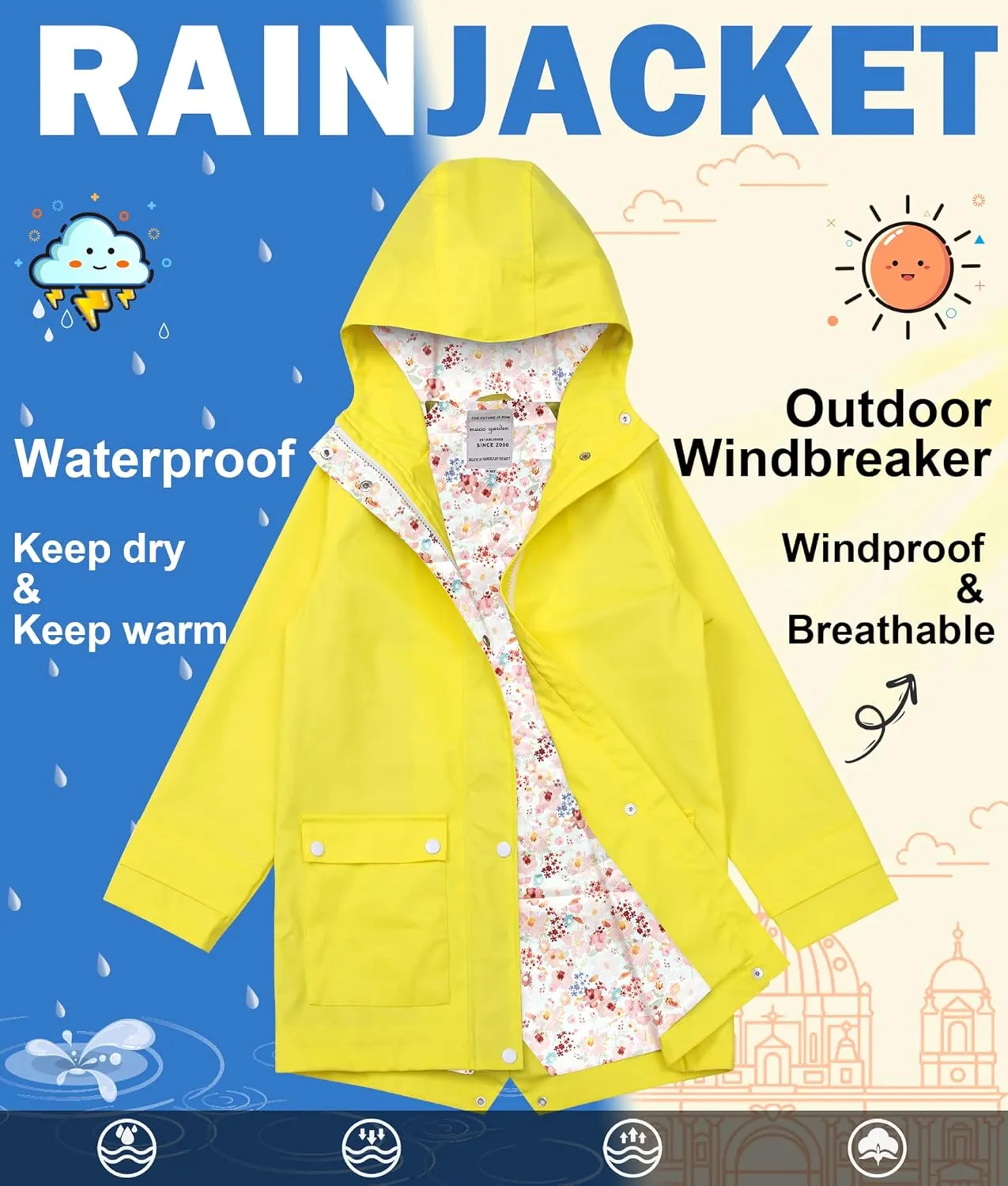 maoo garden Girls Boys Rain Jacket Lightweight Waterproof Raincoat Hooded Lined Long Windbreaker