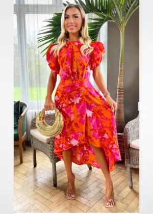Mary Pink And Orange Puff Sleeve Dress